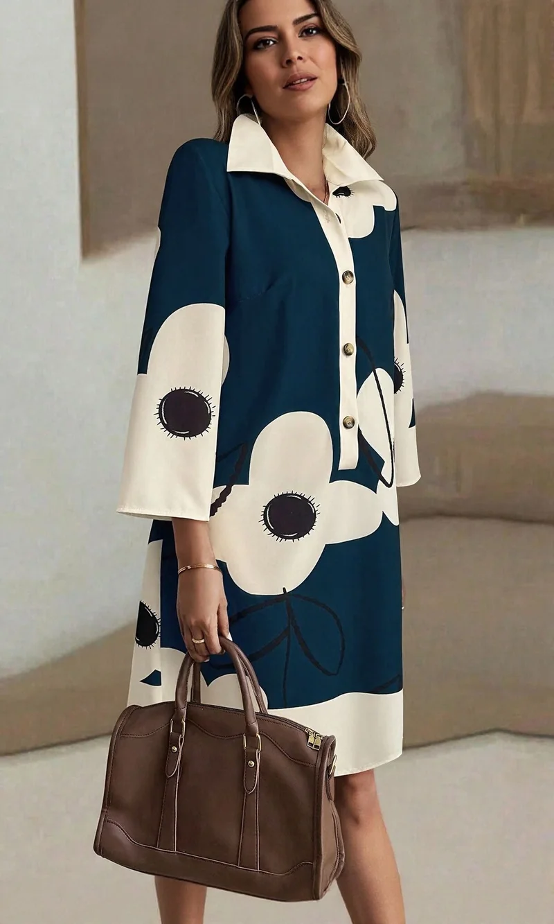 OUTZIDR Navy Blue Abstract Print A Line Dress